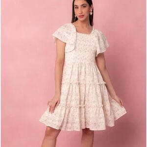 Ivy City Co Madison Smocked Eyelet Embroidered Cream with Pink Flowers Dress M